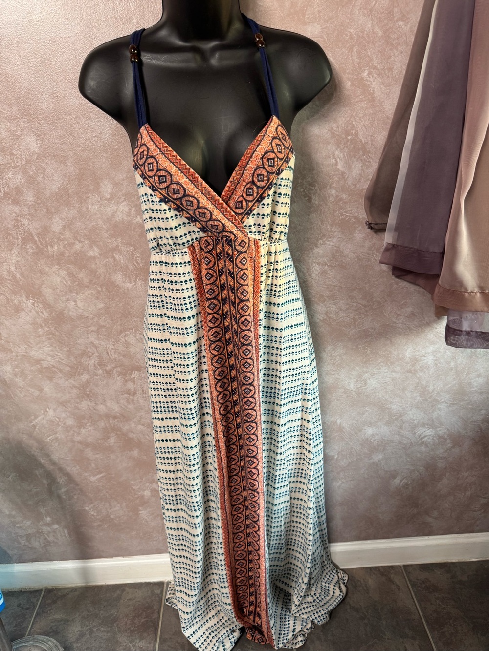 American Rag Navy Strap Maxi Dress with Coral Trim